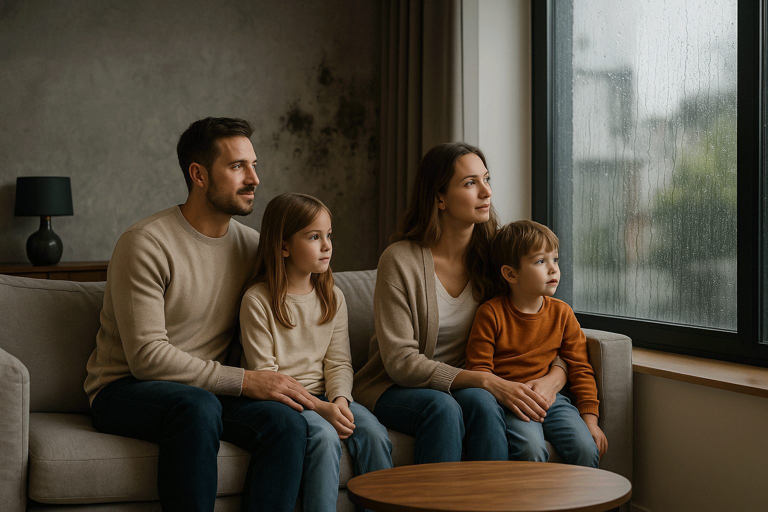 Humedad por condensación en Canarias​, familia en salón con humedad